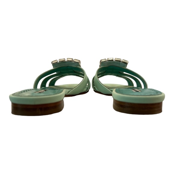 MANOLO BLAHNIK Green Iluna Flat Sandals Silk Crepe De Chine & Crystal Buckle - Picture 5 of 11